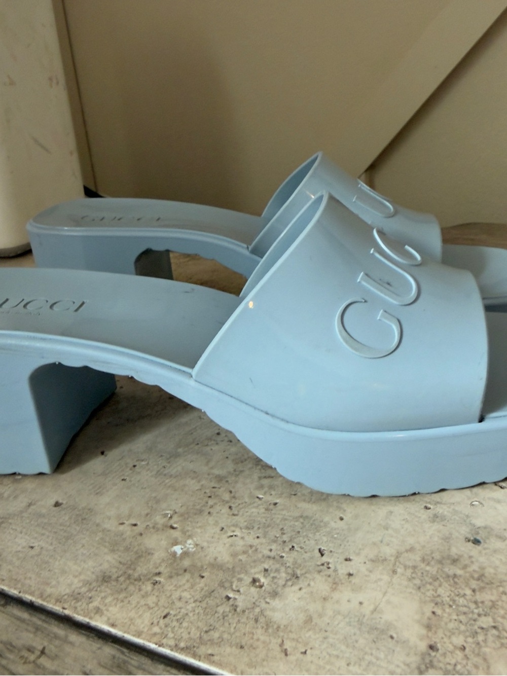 Gucci Light Blue Patent Logo Slide Mules - Picture 5 of 6